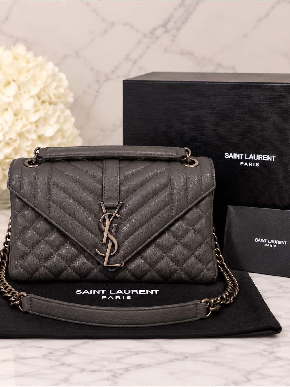 Saint Laurent YSL Small College Anthracite Quilted Leather Bag